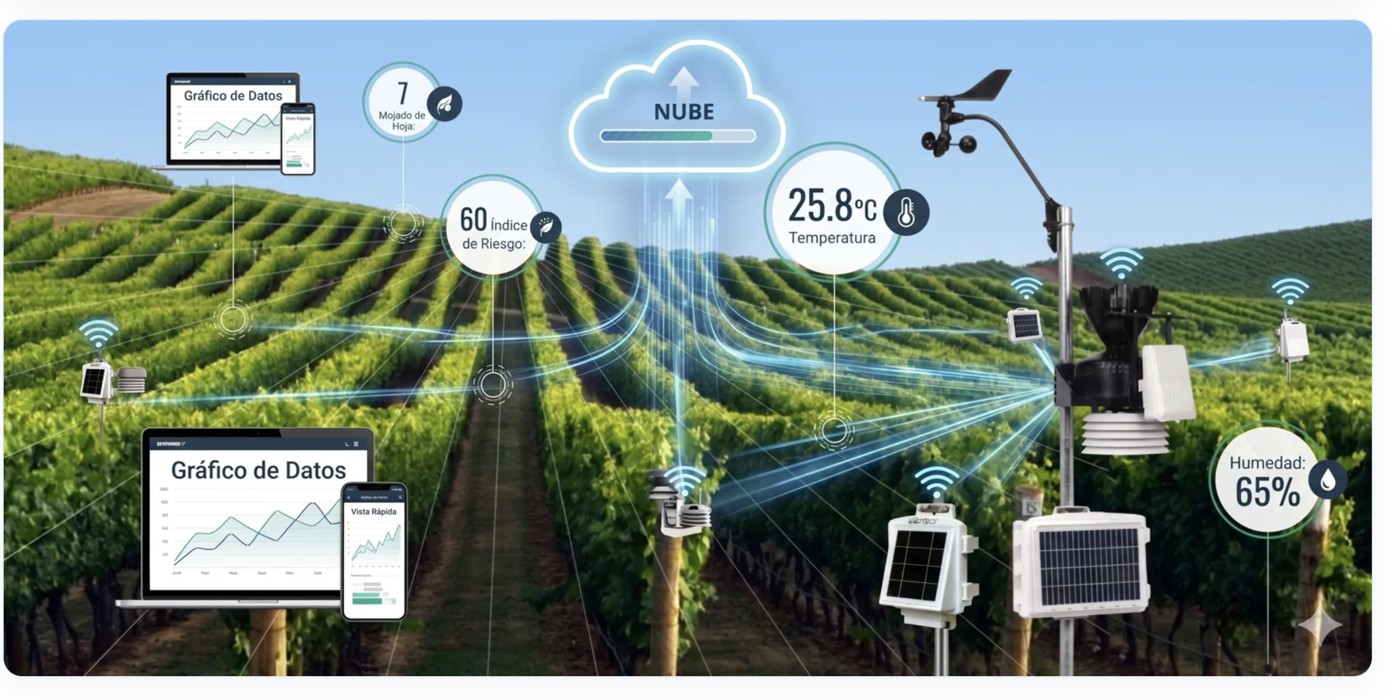 Infografía del sistema EnviroMonitor en un viñedo: sensores, nodos, nube y datos en tiempo real