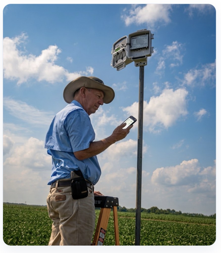 Productor revisando los datos de EnviroMonitor en el celular, junto a un nodo instalado en el campo